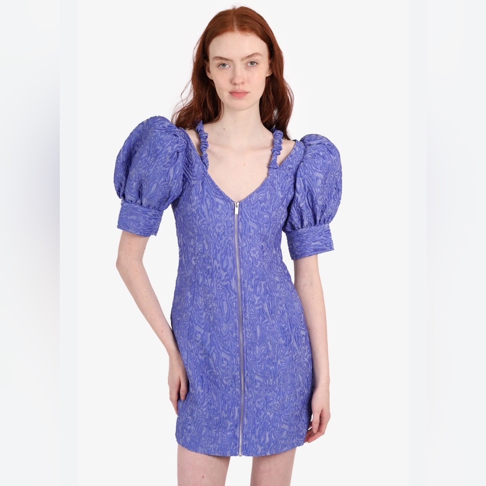 Ganni Blue Puff Sleeve Mini Dress